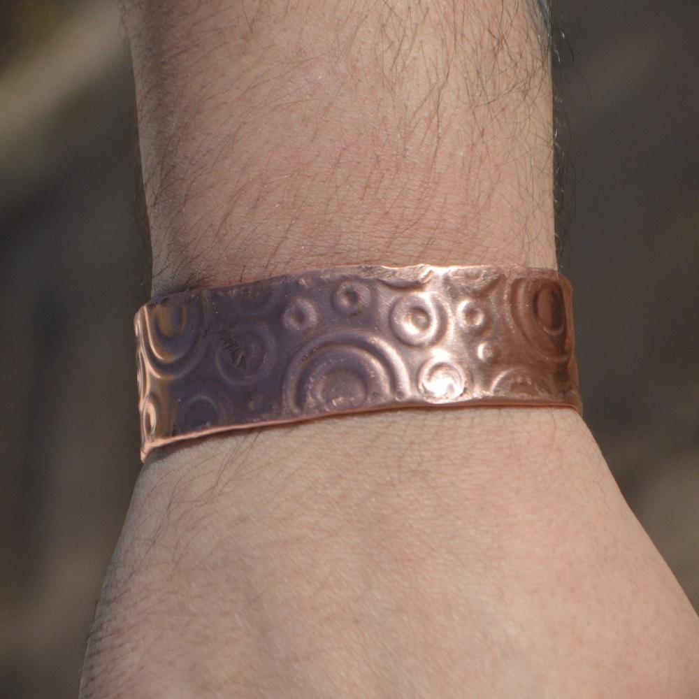 Mens Copper Embossed Cuff Bracelet Circles Rustic